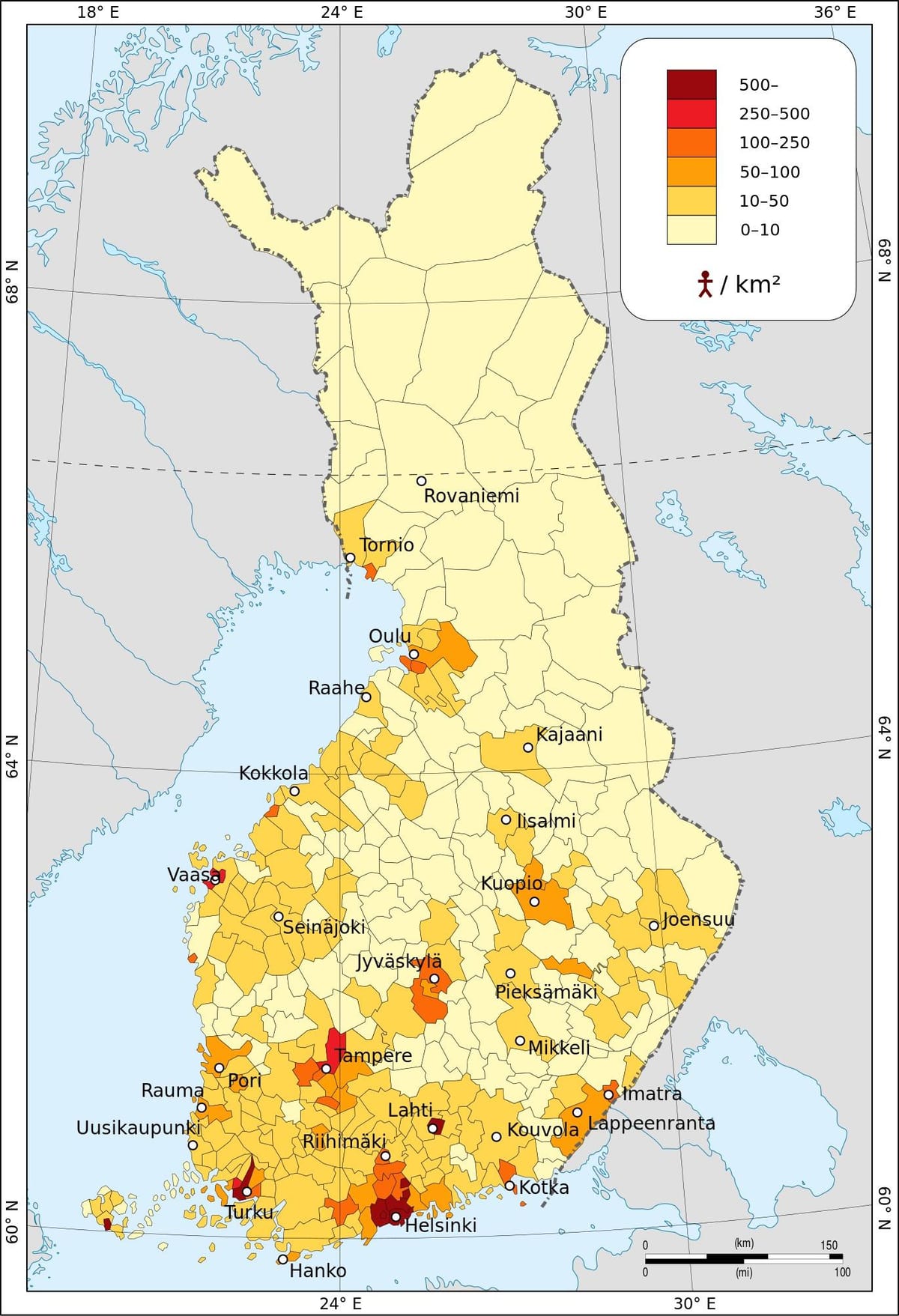 Finland ਆਬਾਦੀ ਦੀ ਘਣਤਾ ਦਾ ਨਕਸ਼ਾ