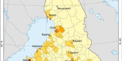 Finland ਆਬਾਦੀ ਦੀ ਘਣਤਾ ਦਾ ਨਕਸ਼ਾ